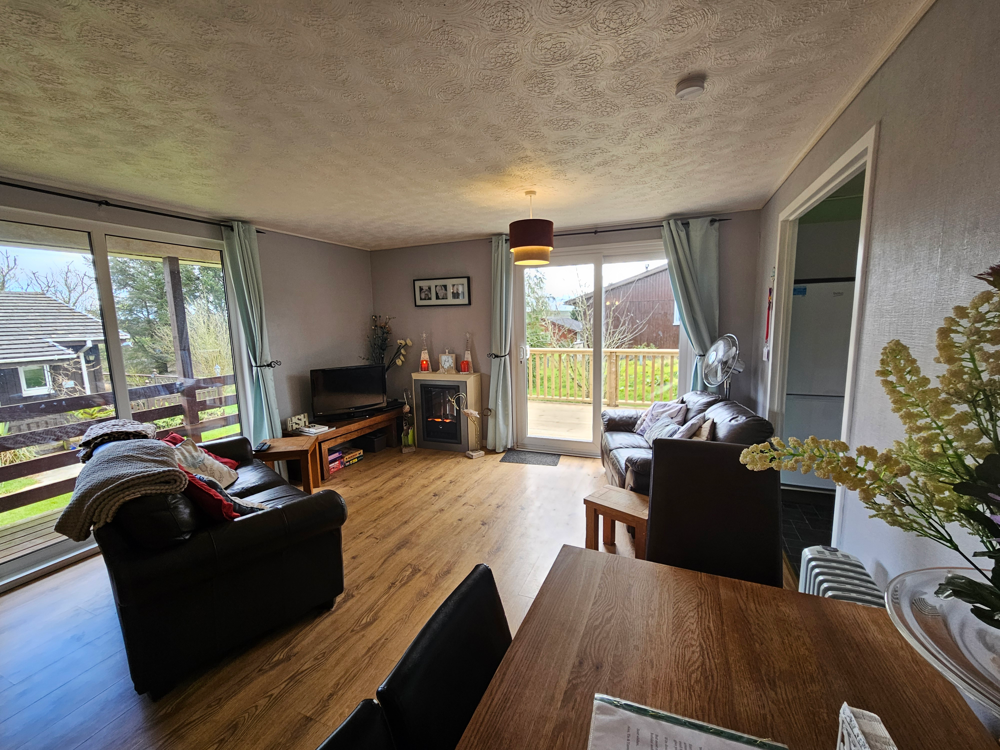 The main living area, which has large windows, two sofas, a TV, and an electric fireplace